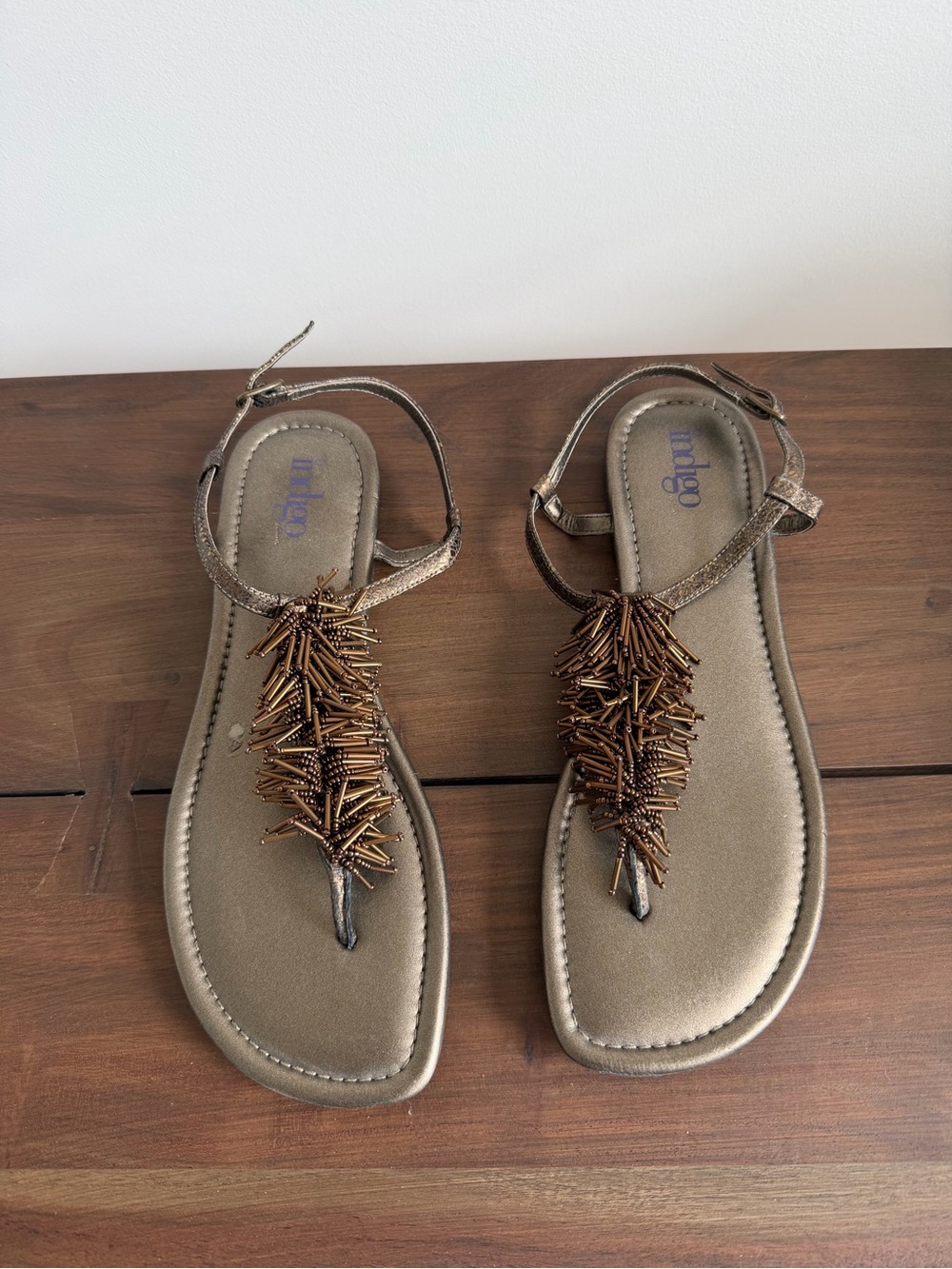 BRAND NEW Indigo Metallic Brown Beaded T-Strap Sandals